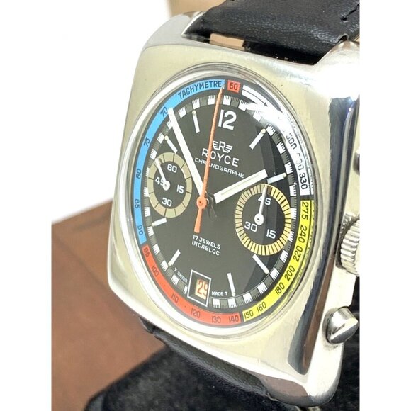 Royce Men's Watch Vintage 1970s Swiss Manual Wind Chronograph Rainbow Bl… - Picture 14 of 15